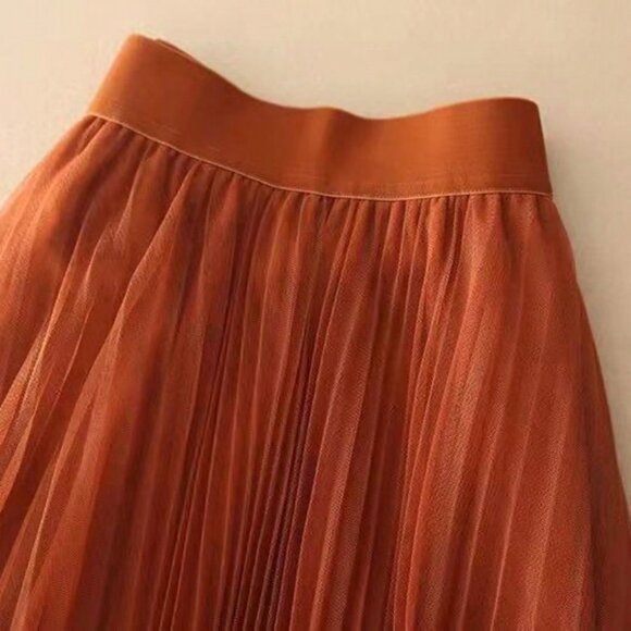 Pumpkin Spice Women's Elegant Pleated Mesh A-Line Skirt - Picture 2 of 7
